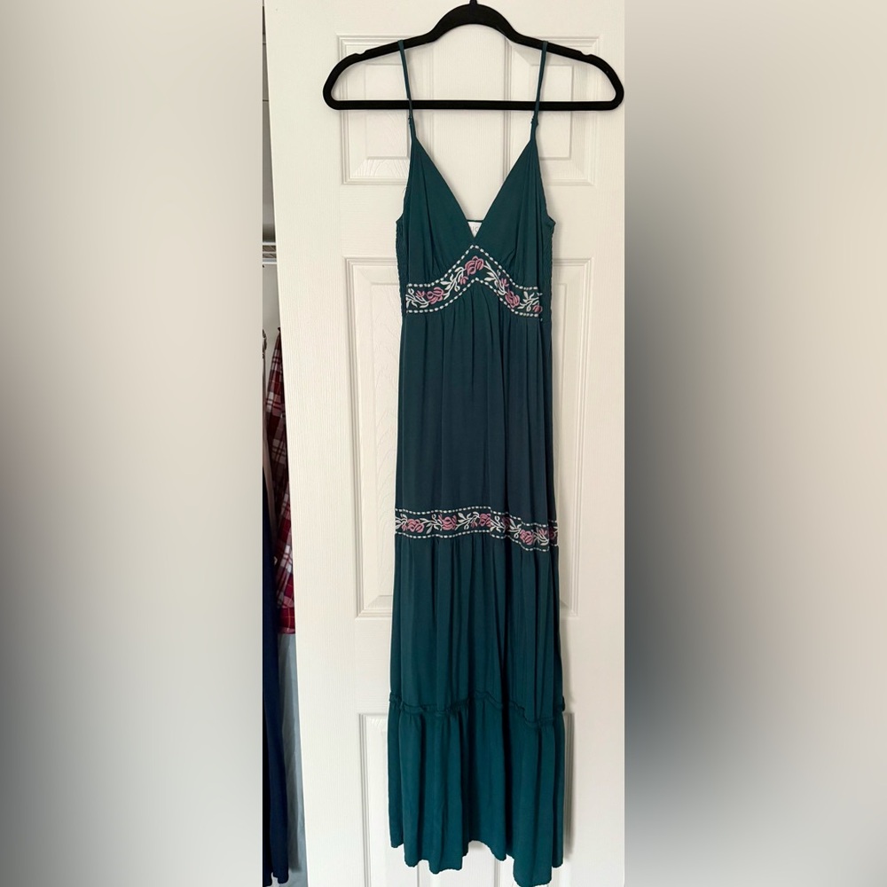 Floral Embroidered Teal Maxi Dress
